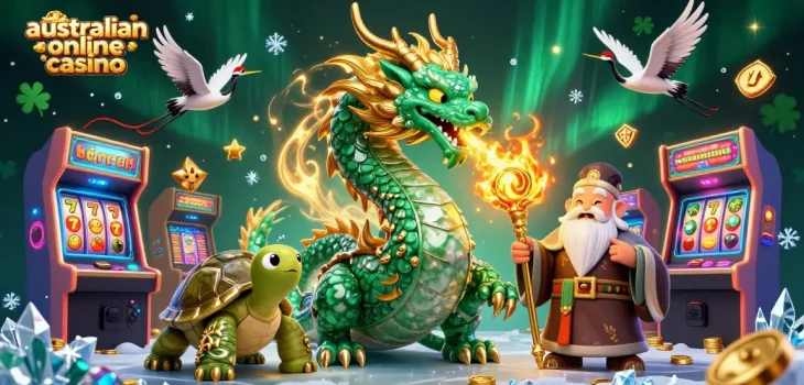 Experience the vibrant energy of an australian online casino with a jade dragon and a turtle sage surrounded by gaming elements.