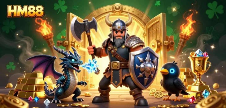 Experience excitement at HM88 with a Viking wolf warrior, fierce dragon, and treasure in a vibrant 3D casino scene.