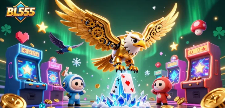 Experience the thrill at BL555 with a cybernetic eagle soaring through casino-inspired holographic cards.