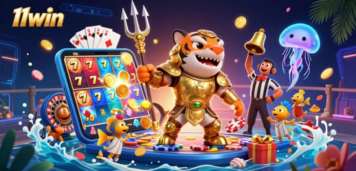 Join the action at 11win with a vibrant casino scene featuring a tiger shark and slot games.