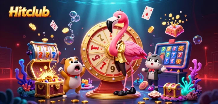 Hitclub engages players with a vibrant casino scene featuring a game show host, excited contestant, and scoreboard.