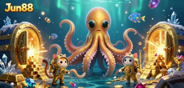 Engage with Jun88’s vibrant gaming world featuring a kraken and diving cat amidst treasure.