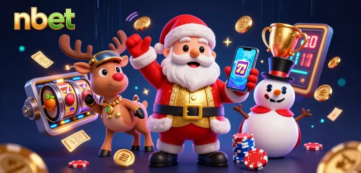 Engage in nbet's exciting jackpots with Santa, reindeer, and snowman at a lively casino scene.