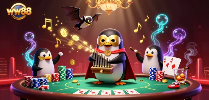 Play exciting games at ww88, featuring a cartoon penguin and animated casino elements!