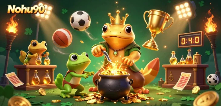 Nohu90 brings thrilling gaming adventures with vibrant characters transmuting gold, surrounded by lively sports elements.