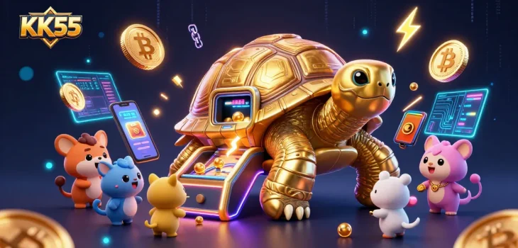 Experience thrilling gameplay at KK55 with a captivating digital illustration of a golden tortoise and crypto elements.