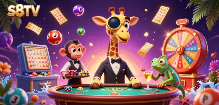 Experience the excitement of S8TV with vibrant 3D characters in a dynamic casino scene.