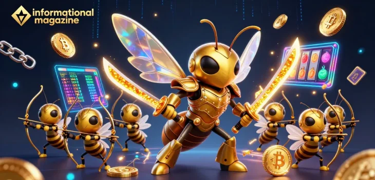 Engage with an informational magazine featuring a samurai hornet and bee archers amid vibrant casino elements.