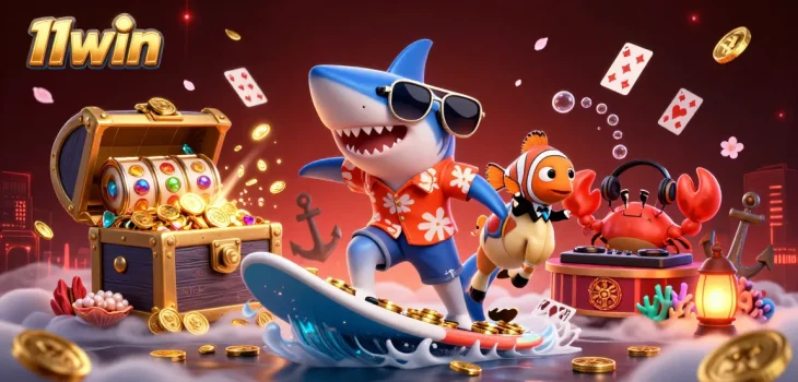 Experience the excitement of winning with 11win, featuring vibrant casino elements and characters in a dynamic underwater scene.