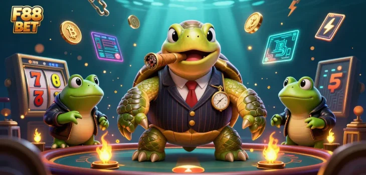 Win at F88 BET with a vibrant casino scene featuring a mobster turtle and frog enforcers.