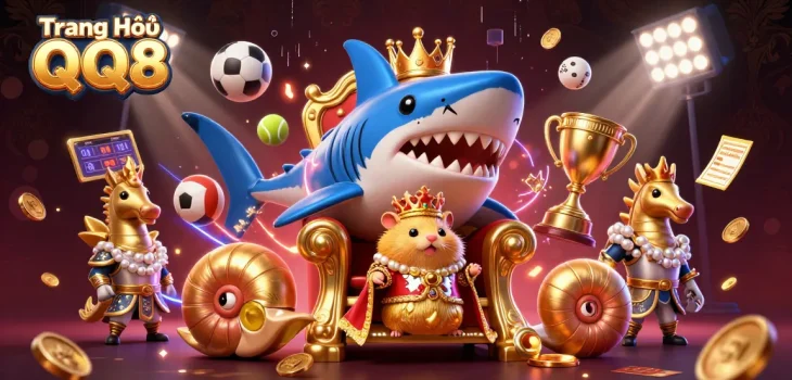 Engage in thrilling adventures at Trang Chủ QQ8 with a fierce golden hamster king surrounded by dynamic sports elements and treasure.