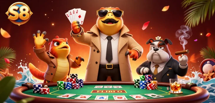 S8 offers a lively casino vibe with animated raptors in a trench coat and a bouncer at a poker table.