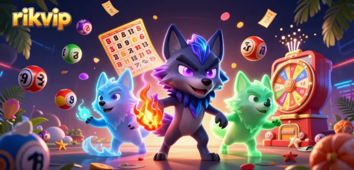 Engage with rikvip's thrilling gaming world featuring vibrant lottery elements and captivating wolf characters.