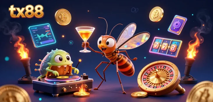 tx88 engages with vibrant casino elements as a mascot and DJ bring excitement to the gaming scene