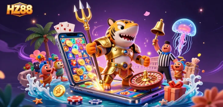 Engage in thrilling games at HZ88 with a vibrant underwater scene showcasing a gladiator shark and exciting casino elements.