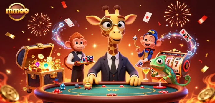 Experience the thrill of mmoo with a giraffe high-roller at the poker table in this dynamic casino scene.