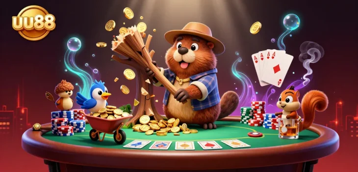 uu88 challenges players to win in a vibrant casino scene with cartoon characters collecting gold coins.
