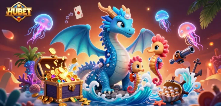 Engage in thrilling gameplay with HUBET, where majestic dragon and seahorse knight swim amidst vibrant treasures and glowing marine life.