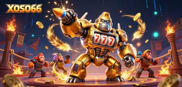 XOSO66 features a golden gorilla mech in a dynamic casino battle scene with gold coins and energy effects.