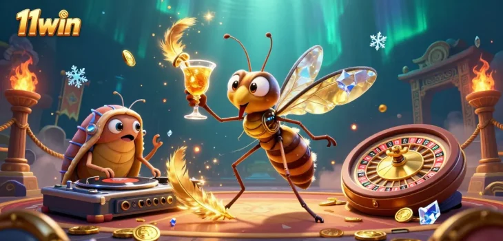 Experience the excitement of 11win with a vibrant casino illustration including a cocktail mascot.