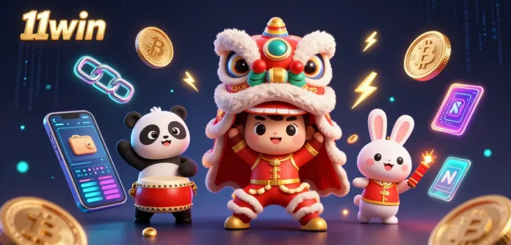 Experience the excitement of 11win with a vibrant 3D casino scene featuring themed characters and crypto elements.