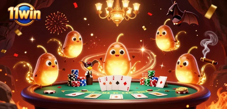 Experience the excitement of 11win with glowworms lighting a vibrant poker game in a magical cave.