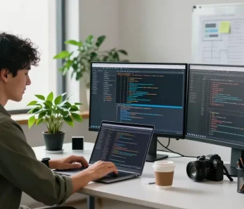 Build internal tools with AI in a collaborative workspace showcasing a developer coding with modern tech tools and greenery.