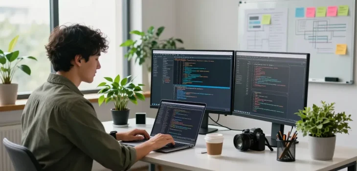 Build internal tools with AI in a collaborative workspace showcasing a developer coding with modern tech tools and greenery.