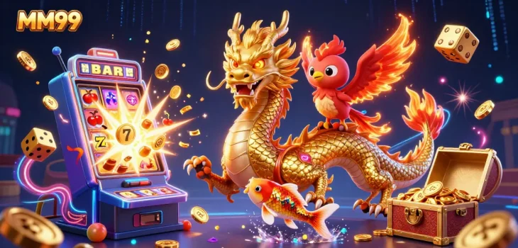 Experience the excitement of MM99 with a dragon, phoenix, and jackpot elements in vibrant 3D