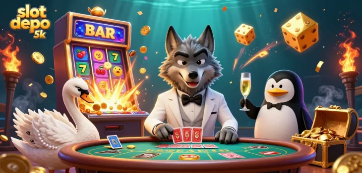 Experience thrilling gameplay with slot depo 5k in a vibrant casino scene illustrated by animated characters.