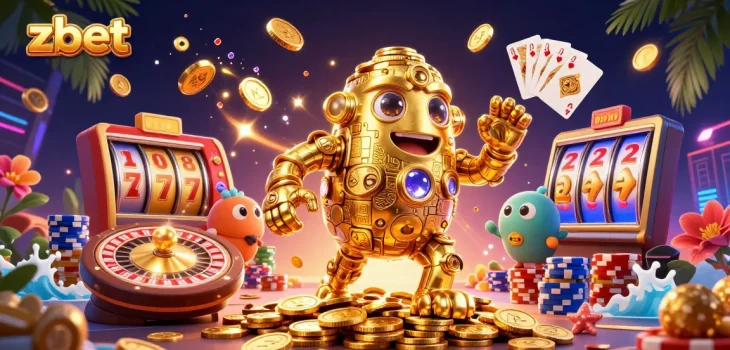 Zbet showcases thrilling casino action with a golden golem, coins, and slot symbols.