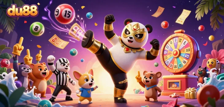 Check out du88's thrilling bingo action with panda wrestler and lively animal fans!