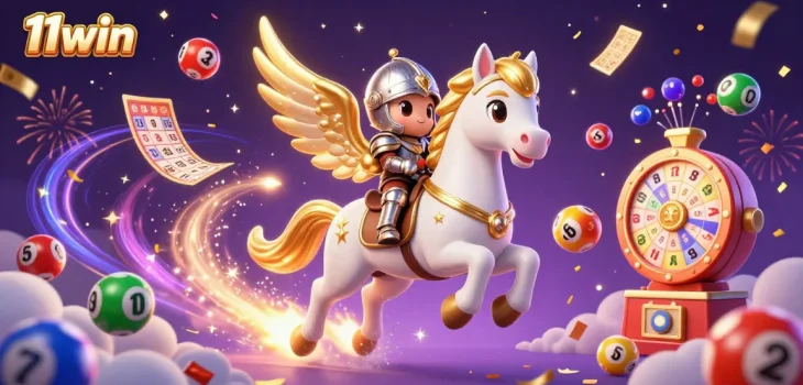 Experience the thrill of winning at 11win with colorful lottery elements and a celestial knight in action.