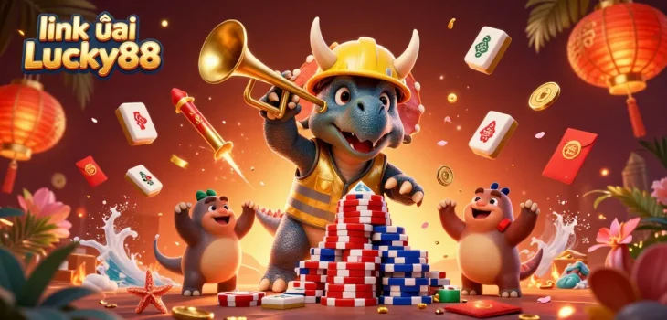 Join the fun with link vào Lucky88 as a triceratops builds poker chip pyramids while celebrating!