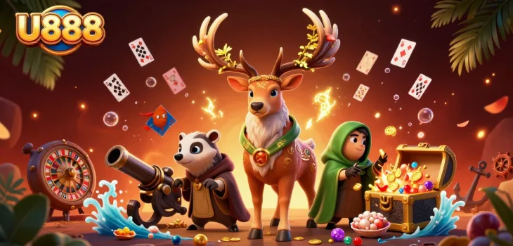 Experience winning strategies with U888's vibrant casino-themed illustration featuring dynamic game elements.